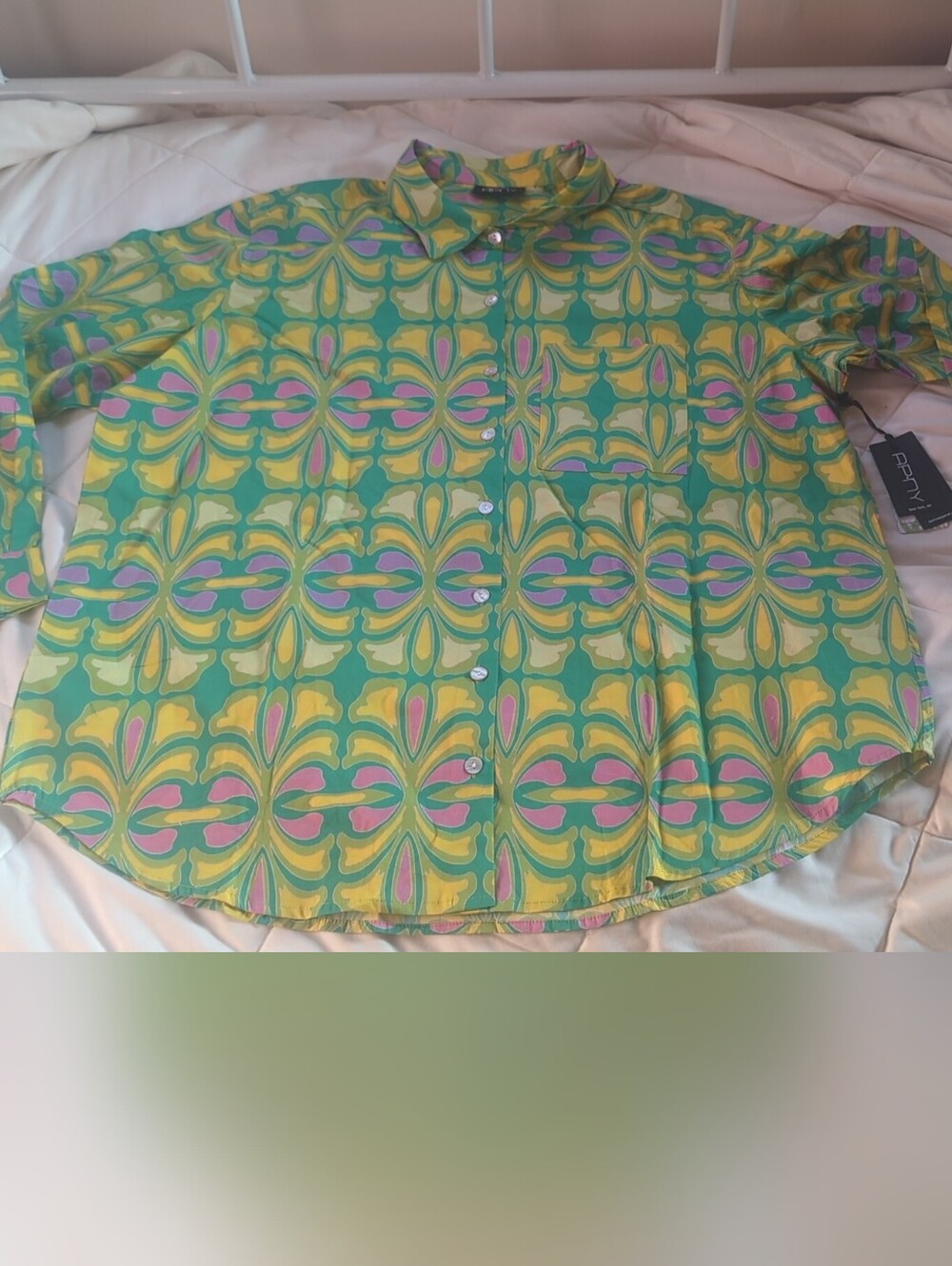 APNY Bright Green Patterned Button-Down Shirt - Eco-Friendly